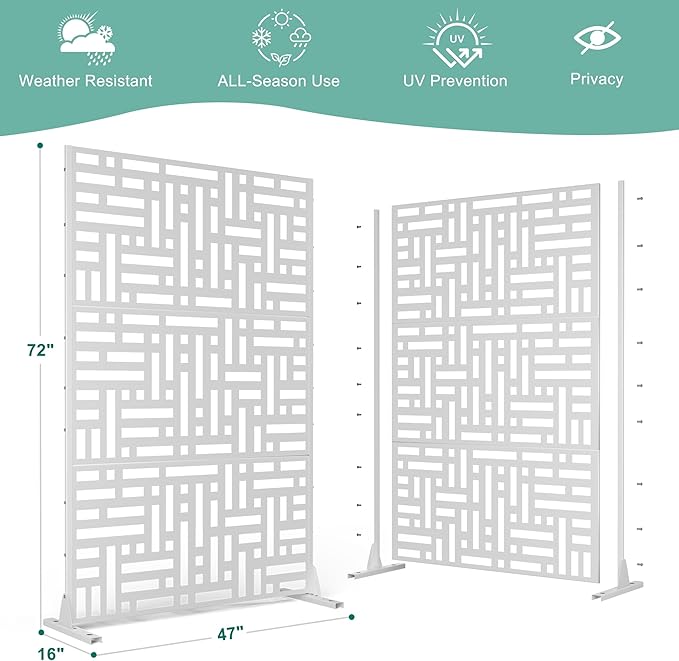 Metal Privacy Screen for Outdoor & Indoor Use, Free Standing Privacy Screen for Patio Garden Pool, 72" H x 47" W Decoative Privacy Panels, Weather Resistant, Easy Assembly (White Helen Street)