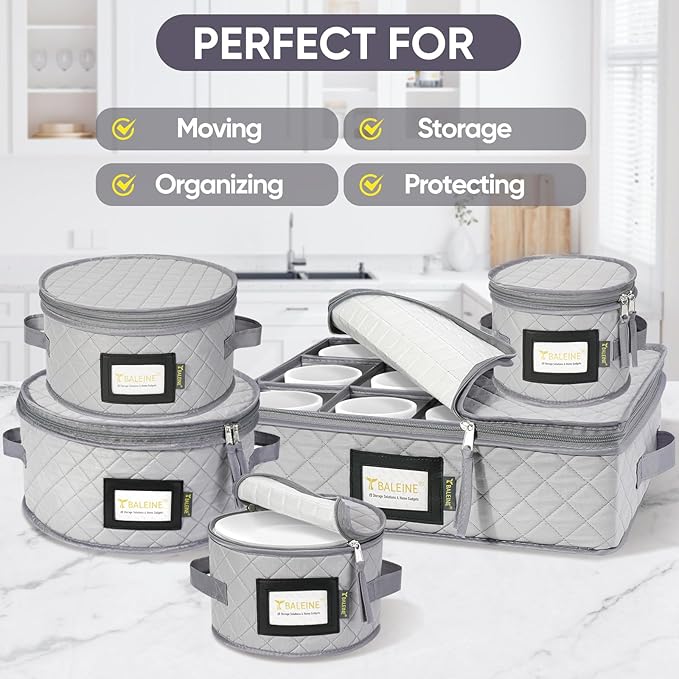 BALEINE China Storage Containers, Sturdy Quilted Wine Glass Storage, Plate Organizer with Carry Handles, Moving Boxes for Dishes, Cups, Mugs and Stemware (Plate Mug Combo, Soft Shell Grey)