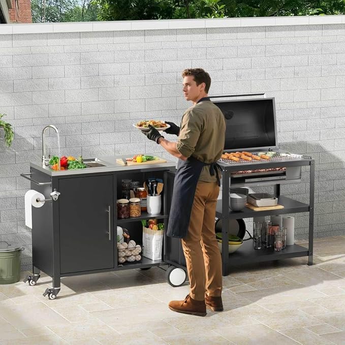 Outdoor Grill Cart with Storage, Movable Prep Cart with 304 Stainless Steel Sink and Wheels 3-Shelf Outdoor Kitchen Prep Table Pizza Oven Stand,BBQ Cart (38" x 18" x 35")