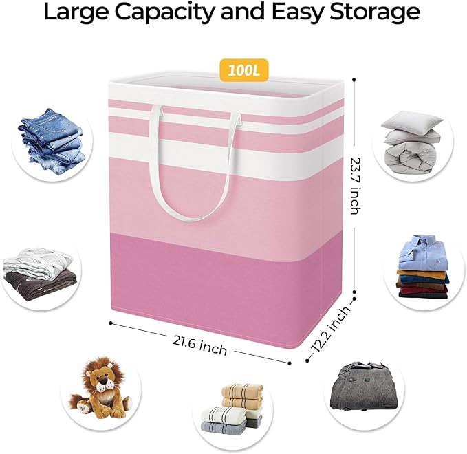 HomeHacks 2 Pack Large Laundry Baskets, Waterproof, Freestanding Laundry Hampers, Collapsible Clothes Hamper with Reinforced Handles in Laundry, College Dorm, Bathroom, Bedroom (Blue+Pink, 100Lx2)