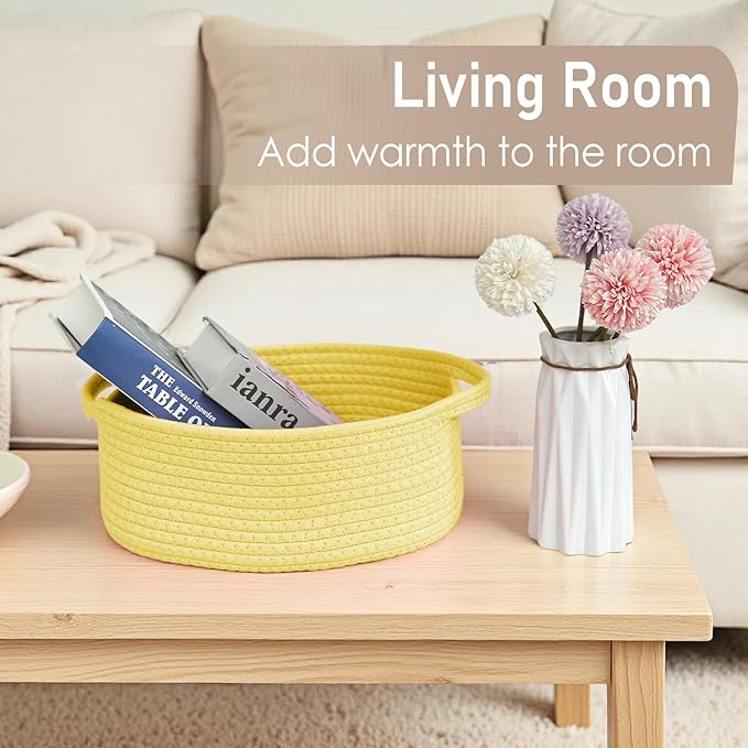 Woven Basket,Small Rope Storage Bin with Handles & Ribbon Bag, Organizer for Shelves Closets,Gift Basket Empty for Birthday,Books,Dog Toys, Yellow