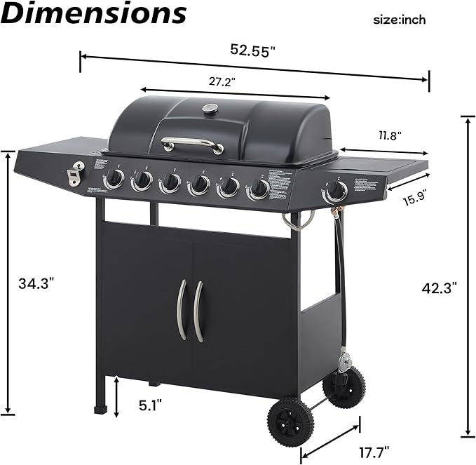 Propane Gas BBQ Grill with 6-Burner and Side Burner 59000 BTU Stainless Steel Barbecue Grill with Porcelain-Enameled Cast Iron Grates,Side Shelves and Wheels Portable Outdoor Grill for Pation,Backyard