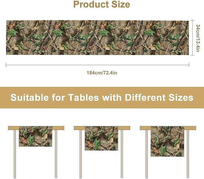 Forest Camouflage Table Runner, Camo Conifer Oak Branches Mossy Hunting Lodge Camp Cabin Table Runner for Kitchen Dining Room Party Camping 13x70in