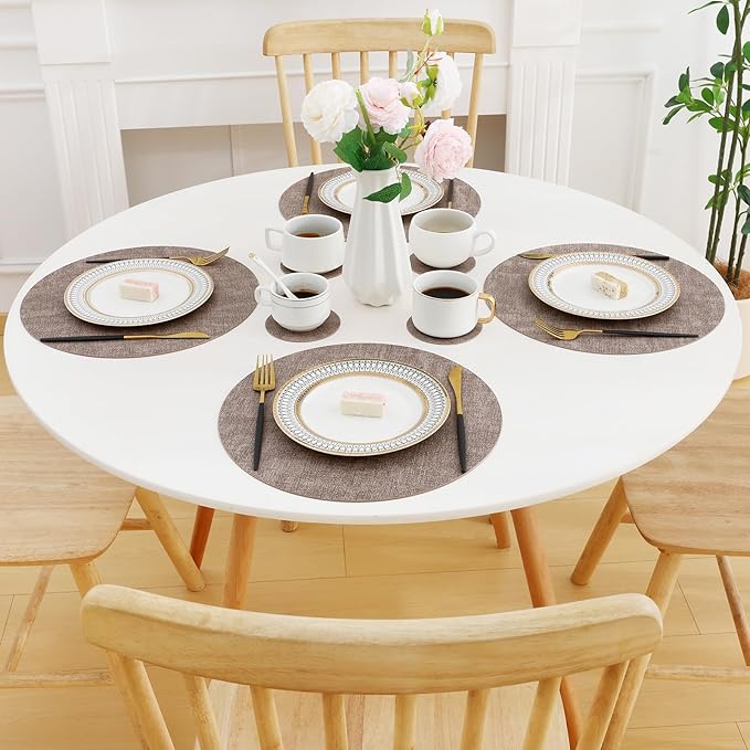 Homaxy Round Faux Leather Placemats and Coasters, Washable Dual-Side Table Mats, Wipeable Heat-Resistant Dining Place Mats for Outdoor and Indoor, Set of 6, Diameter 13 and 3.93 inch, Light Brown