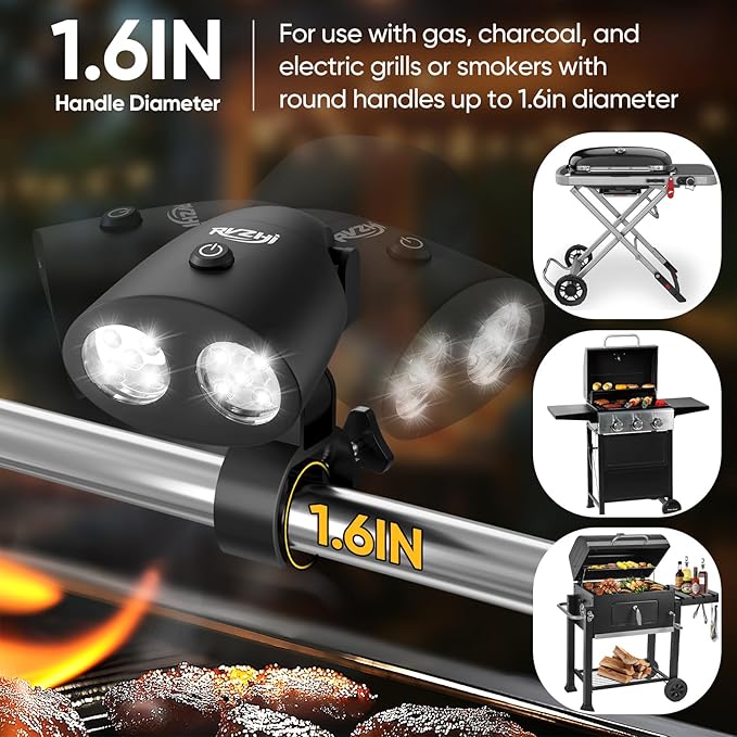 Grill Light Grilling Accessories: Mens Valentines Gifts for Dad Him Husband - LED Bright Smoker BBQ Light for Outdoor Grill - Clamp-On Handle Mount Two Brightness Settings with Batteries