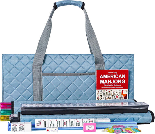 ZGME American Mahjong Set,166 White Tiles with Blue Rectangular Bag and Accessories,4 All-in-One Mahjong Racks with Pushers,Complete Western Mahjong Set