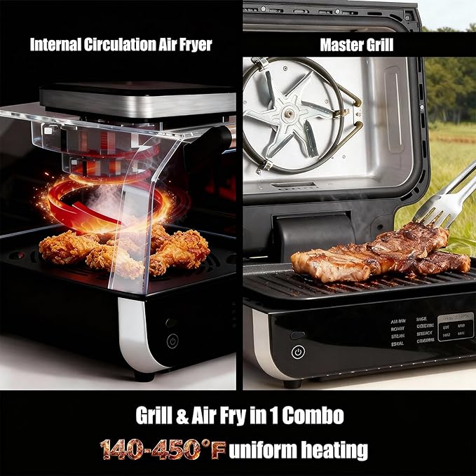 OLIXIS Electric Grill Outdoor/Indoor, 8-in-1 Multifunctional Large Electric BBQ Grill for Air Fry, Bake, Roast, Steak, Broil and Dehydrate, Safe Non-Stick Coating, Fry Basket Included