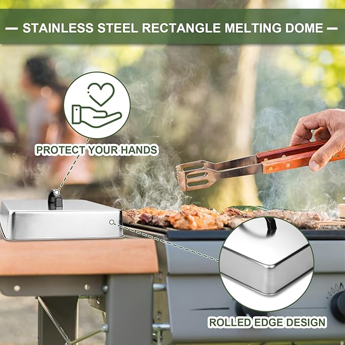 2pcs Rectangular Basting Cover, Stainless Steel Cheese Melting Dome Steaming Cover Lid, Commercial Grade Heavy Duty Griddle Grill Accessories for Flat Top Grill Cooking