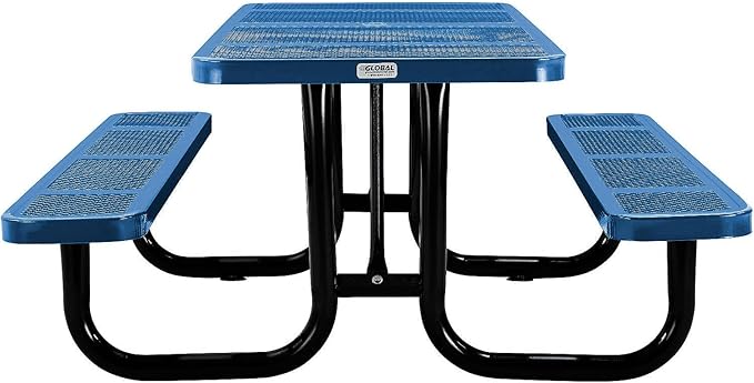 Global Industrial 72" Rectangular Picnic Table, Perforated Metal, Thermoplastic Coating, Attached Benches, 1-1/2” Umbrella Pole Hole, Outdoor-Rated, 1000 lbs Capacity, Blue