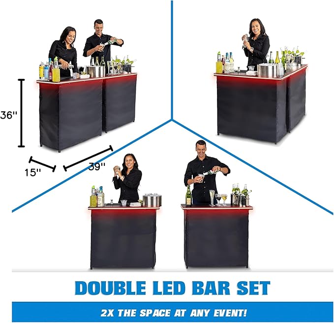 GoPong GoBar Portable Double Bar Table Set with Multi-Color LED Lights - Mobile Bartender Station for Events - Includes Carrying Case