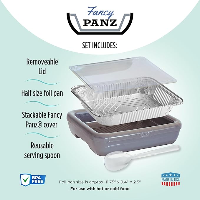 Fancy Panz - Platinum Classic Aluminum Foil Pan Carrier with Lid - Elevated Food Serving Tray - Portable Casserole Carrier with Lid - Made in The USA Hosting Essentials
