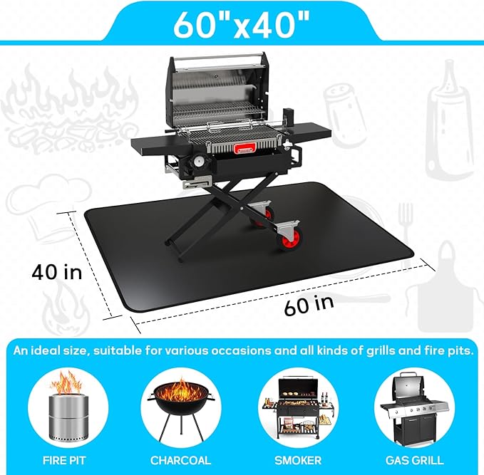 60 x 40 Inches Under Grill Mats for Outdoor Grill, Double-Sided Fireproof, Oil/Waterproof, Heat Resistant Grilling Mat, Fire Pit/Fireplace, Portable BBQ Protector for Decks, Lawns and Patios