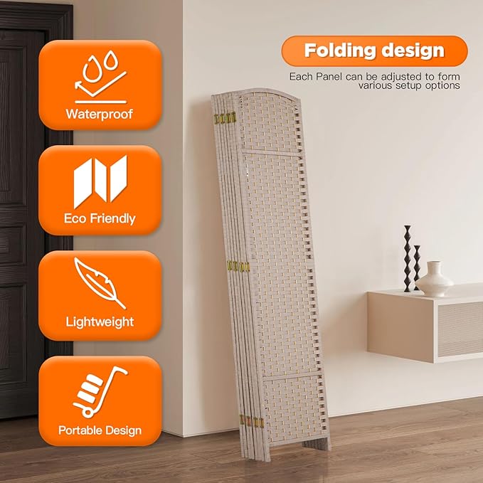 Room Divider 8 Panel Screen 5.6 Ft Tall Partition Room Dividers Beige Privacy Screens Folding Room Separation Free Standing Waterproof Wood Frame Wall Divider