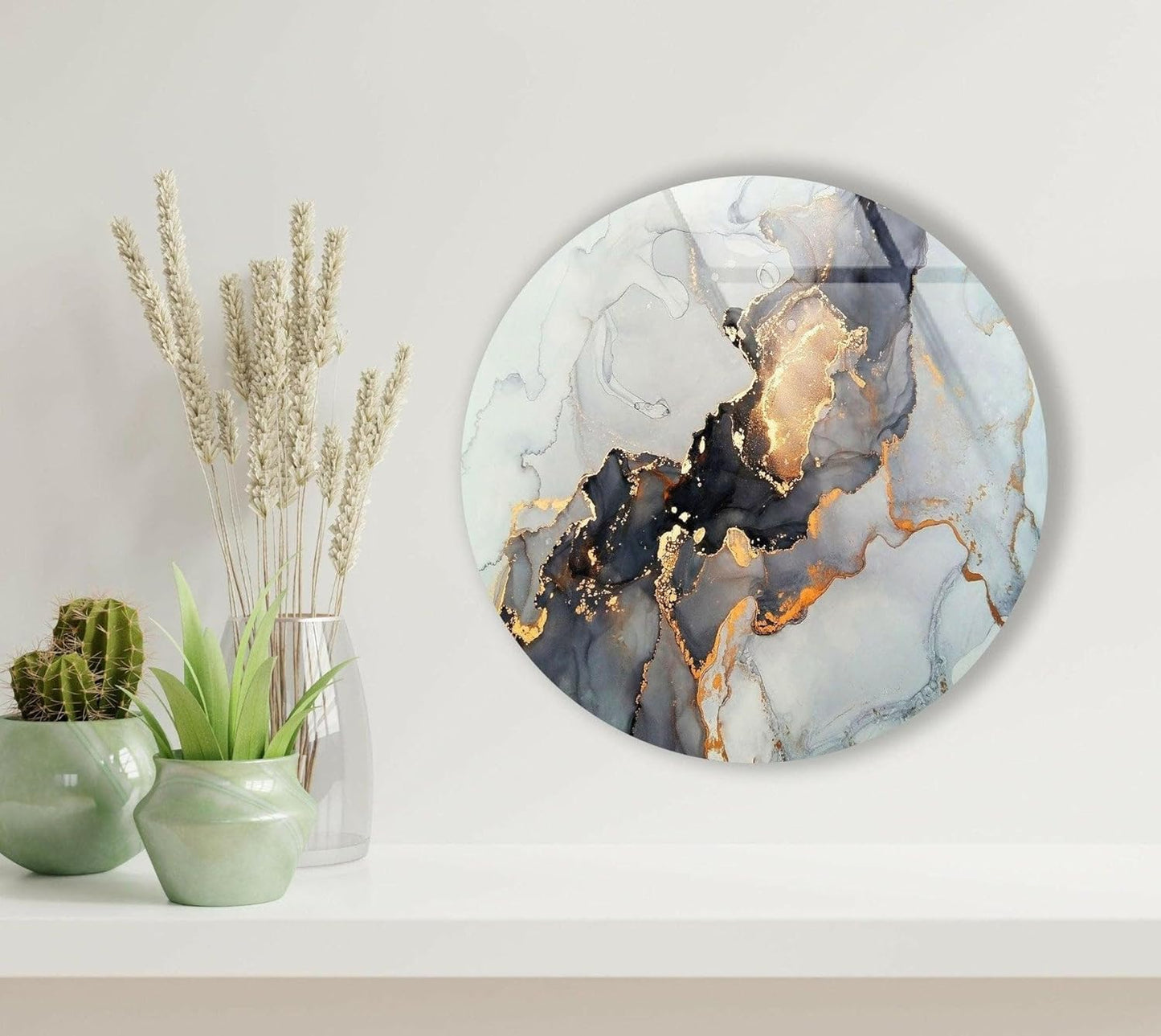 My Photostation.com 27.5''(70cm) Diameter Gold Details Gray Marble Round Glass Wall Art Tempered Glass Printing Wall Decor Large Wall Art Wall Hangings