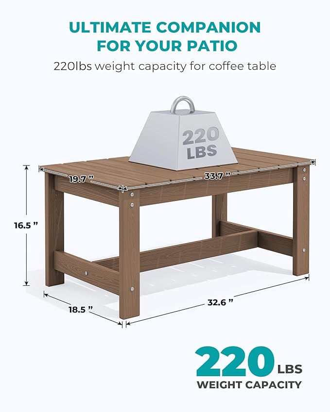 SERWALL Patio Coffee Table, HDPE Rectangle Outdoor Coffee Table Set of 2, Brown