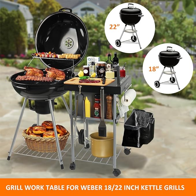 Grill Cart Table Accessories Outdoor Grilling Side Tables for 18"/22" Weber Charcoal Kettle Grills Rolling Prep Stand with Wheels Mesh Storage Racks Perfect for BBQ Camping Home Party