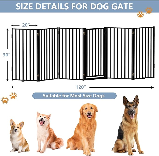 Full Metal Freestanding Dog Gates with Door, 32" Height Dog Fences for Indoor & Outdoor, Extra Wide Foldable Pet Gates for Stairs, Hallways, Doorways, Yard (6 Panels, 120" W × 36" H)