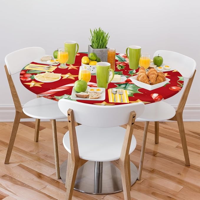 Christmas Ruffle Star Candy Round Table Cloth Cover, Elastic Edge Waterproof Wipeable Tablecloths 45"-56" Polyester Tablecloth for Party Restaurant Banquet Holiday Camping Outdoor Picnic