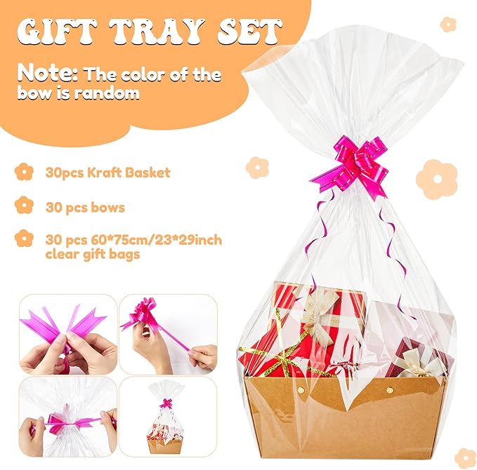 Tuanse 30 Pcs Basket for Gift Empty DIY Bulk Gift Basket Kit with Handle Kraft Cardboard Tray with 30 Bag 30 Bow Market Tray for Wedding Party(Brown,12.6 x 9.8 x 5.9 in)