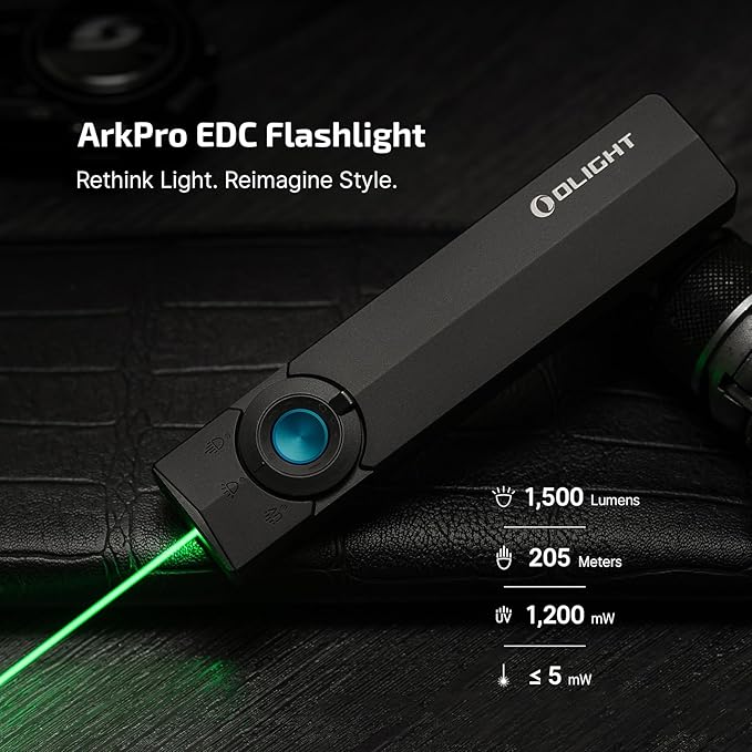 OLIGHT ArkPro EDC Flat Flashlight Rechargeable with Green Beam, UV and White LED,1500 Lumens USB-C Pocket Camping Flashlight, Spotlight Floodlight for Outdoor Emergency Working (Black NW)