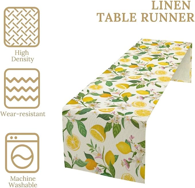 Yellow Lemon Table Runner,Spring Floral Summer Fruits Print Table Decoration for Farmhouse Kitchen Dinner Dining Table Holiday Party Home Decor 13x36in