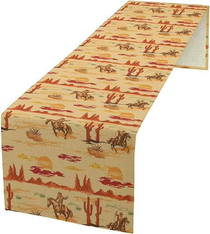 Western Cowboy Table Runner, Wild West Cowboy Ride Horse Desert Cactus Sunset Table Runner for Home Kitchen Dining Party Farmhouse Coffee Outdoor 13x108in