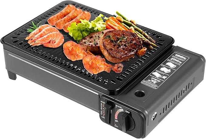 Portable Gas Grill Butane Stove, Portable Camping Grill Gas Stove Free Standing BBQ Grill with Grilling Net & Carry Case Dual Fuel Tabletop Outdoor BBQ Stoves for Camping Traveling Cooking