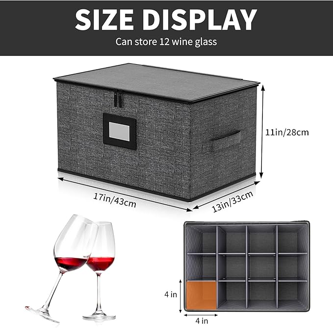 Aokeyee China Storage Containers Hard Shell 8 Piece, Mug, Wine Glass, Utensils, Plate Storage Containers w/Lid, Soft Dividers Felt Pads, Handles, Stackable Storage Organizer for Moving, Party, Grey