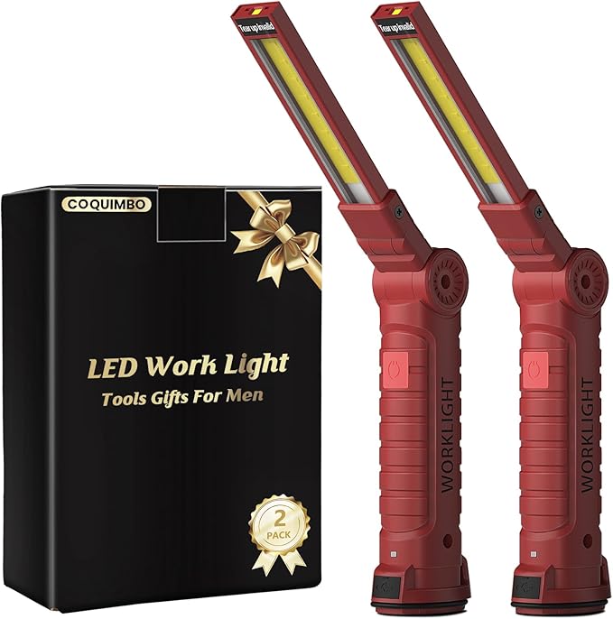 Coquimbo Tools Gifts for Men Dad Husband, Rechargeable LED Work Light Grill Accessories Magnetic Flashlight with Hanging Hook 5 Modes 360° Rotate Christmas Gifts for Him Grandpa (2 Pack Red)