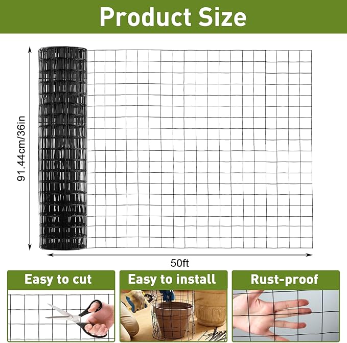 Wire Fence, 36 in x 50 ft PVC Coated Welded Wire Fence, 16GA Garden Border Vinyl Metal Chicken Wire Fencing Mesh Roll for Chicken Poultry Coop, Animal, Fencing，Garden Protection