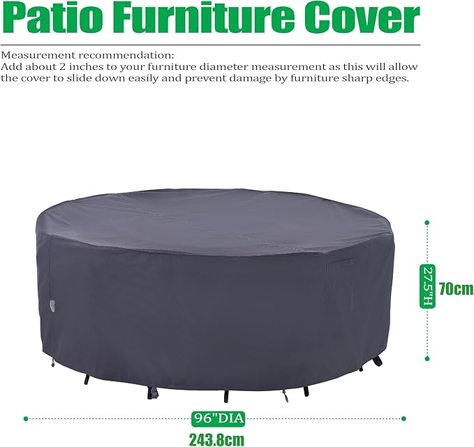 F&J Outdoors Outdoor Patio Furniture Covers, Waterproof UV Resistant Anti-Fading Cover for Large Round Table Chairs Set, Grey, 96" Dia x 27.5" H