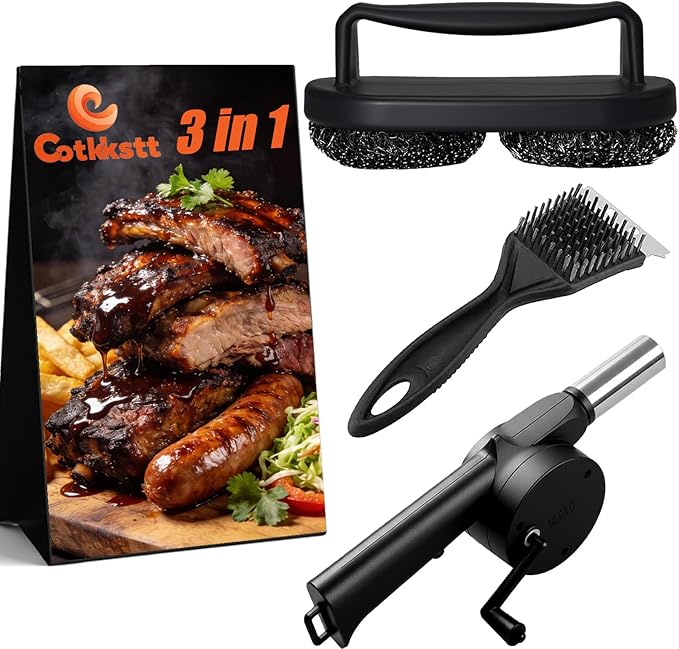 3Pcs Grill Brush for Outdoor Grill Set, Heavy Duty Stainless Steel Grill Scraper & Scrubber, Hand Crank Fan for Cast Iron and Stainless Steel Grates, Outdoor Camping BBQ Cleaning Accessories