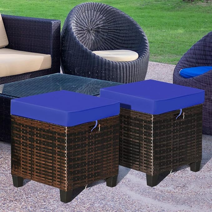 Tangkula 2 Pieces Outdoor Patio Ottoman, All Weather Rattan Wicker Ottoman Seat, Patio Rattan Furniture, Outdoor Footstool Footrest Seat w/Removable Cushions