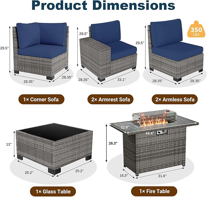 7 Piece Patio Furniture Set with Fire Pit Table, Outdoor Conversation Sets Wicker Rattan Sectional Sofa with Coffee Table, 4'' Thickened Cushion Navy Blue (Include Waterproof Cover)