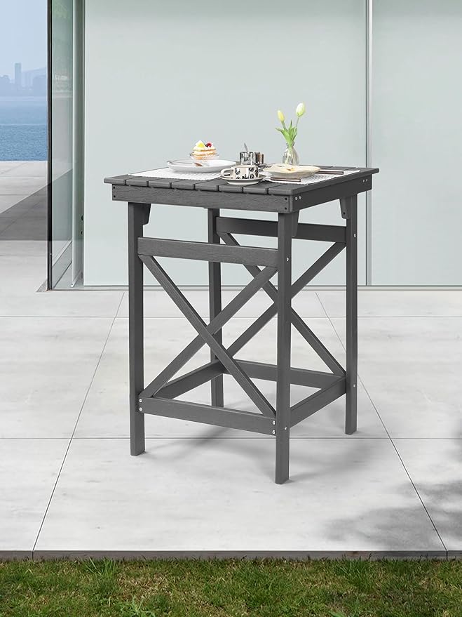 HDPE Outdoor Bar Table, 41" Adirondack Outdoor Bar Height Table, All Weather HDPE Patio High Top Pub Table, Square HDPE Patio Bar Tables for Balcony, Deck, Backyard, Poolside, Smoke Gray