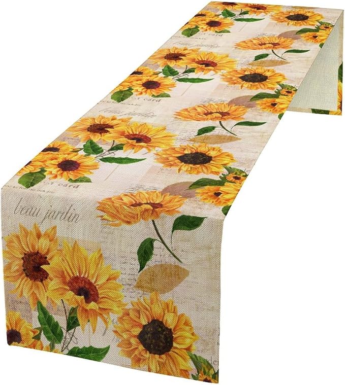Retro Sunflower Table Runner, Vintage Newspaper Sunflower Blossoms Rustic Farmhouse Flower Table Cover for Kitchen Dinning Party Holidays Decor, 13x70inch