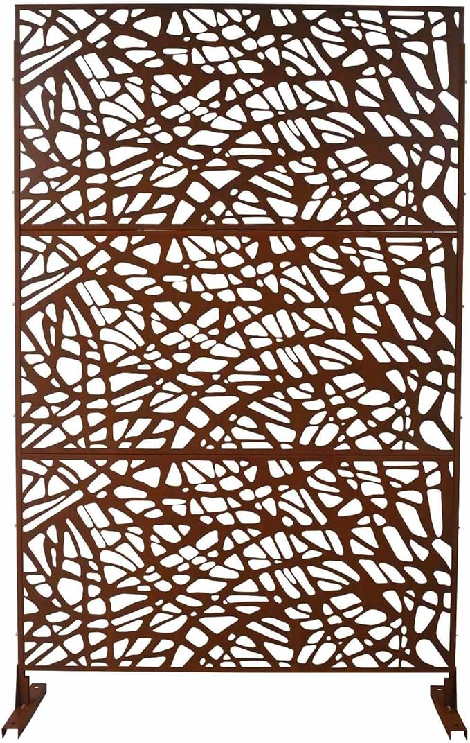 Outdoor Decorative Metal Privacy Screen Panel, 48" L x 16" W x 76" H, Steel Partition for Garden, Patio, and Backyard, Freestanding with Stable Base, Modern Geometric Design, Rust Red