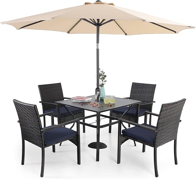 Sophia & William 5 Pieces Patio Dining Set with 9 ft Beige Patio Umbrella, Outdoor PE Rattan Chairs and Square Metal Table Set with Cushions and 1.57" Umbrella Hole for Porch Poolside Backyard