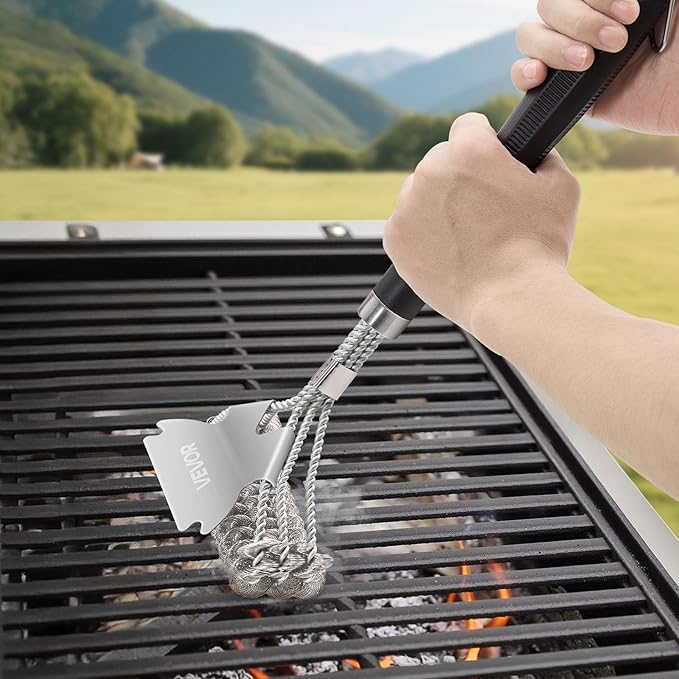 VEVOR Grill Brush and Scraper, BBQ Brush for Outdoor Grills, Stainless Steel Woven Wire, Bristle Free Barbecue Brushes for Porcelain, Charcoal, Grate Cleaner Grill Accessories, 17 in