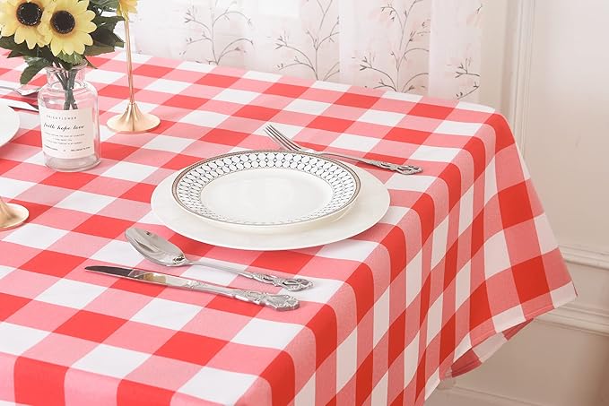 Cupuamon 2 Pack Waterproof Polyester Fabic Rectangle Checkered Tablecloth，60x120 Outdoor Table Cloth，Oil Stain Prevention Table Cloth for Pinics and Parties（Red and White）