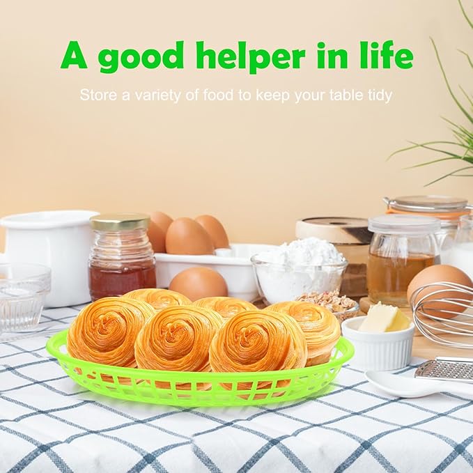 80 Pcs 9 x 5.7 Inch Reusable Oval Fast Food Baskets, Sturdy Plastic Serving Baskets for Fast Food, Parties, Picnics, BBQs and Snacks, by KUKLIPJIM.(Green)