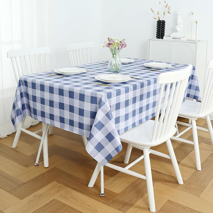Romanstile Gingham Square Plastic Tablecloth, 100% Waterproof Checkered PVC Table Cloth, Heavy Duty Vinyl Table Cover for Dining, Camping, Picnic, Outdoor - 54 x 54 Inch, Light Blue and White