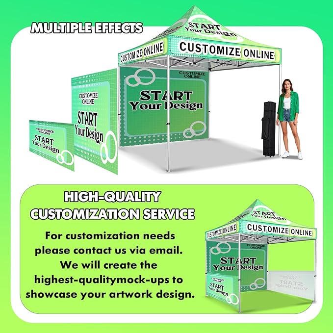 10x10FT Custom Pop Up Canopy Tent with Logo Personalized Trade Show & Event Heavy Duty Aluminum Folding for Outdoor Markets, Business Branding Advertising (Top Canopy+1 Full Wall+2 Half Walls)