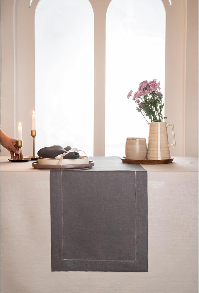 D'Moksha Homes Linen Charcoal Grey Table Runner 36 Inches - 100% Pure Linen Small Table Runner 14 x 36 Inch Ideal for Dresser, Coffee Tables, Spring, Easter - Classic Hemstitch