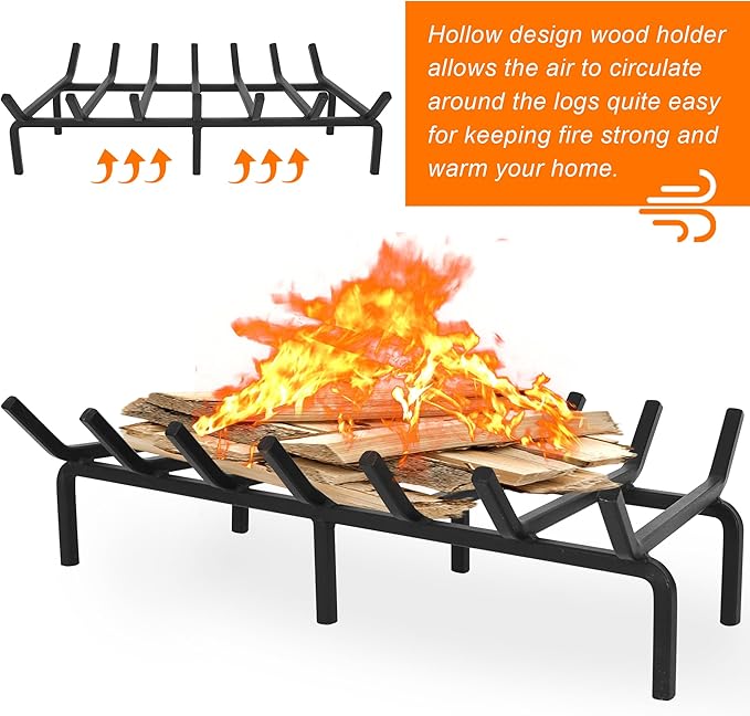 Fireplace Log Grate, Heavy Duty Solid Steel Wood Rack Stove Firewood Holder for Indoor Hearth Outdoor Fire Pit Chimney Hearth Kindling Tool (24 inch)