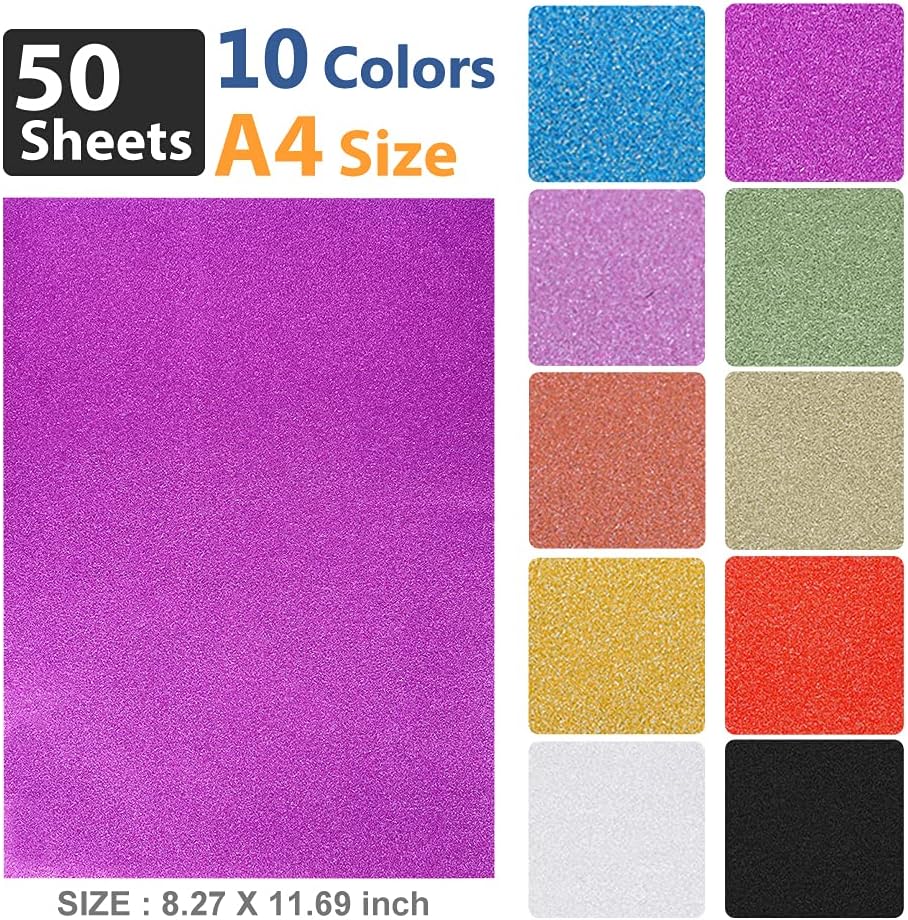 UCEC Glitter Cardstock Paper, 50 Sheets 10 Colors, 8.3 x 11.7 Inch Self-Adhesive Glitter Sticker Paper for Card Making, Sparkly Papers for Craft DIY Halloween Party Scrapbooking Gift, A4, 80 GSM