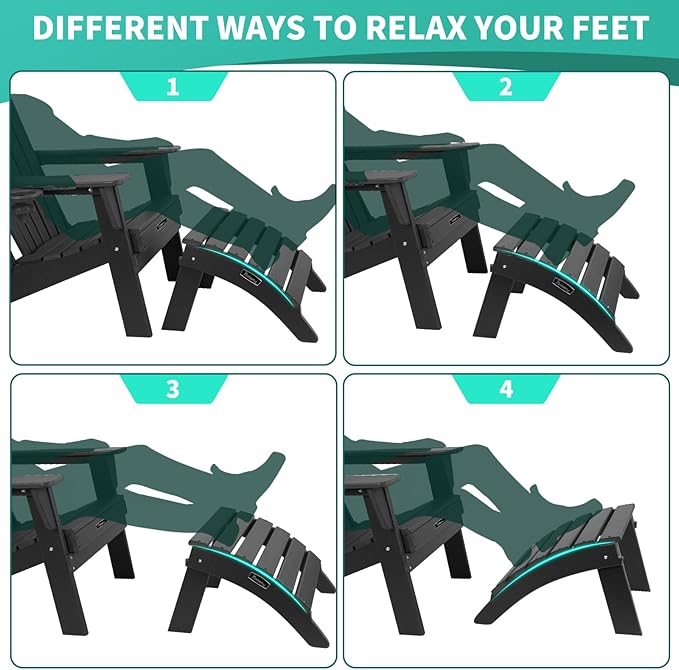 FUNBERRY Folding Adirondack Ottoman Set of 2, HDPE All Weather Outdoor Foot Rest, Easy Storage Patio Footstool, Ottomans and Footstools for Outside