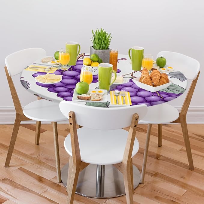Grape Fruit Purple Leaves Round Table Cloth Cover, Elastic Edge Waterproof Wipeable Tablecloths 36"-42" Polyester Tablecloth for Party Restaurant Banquet Holiday Camping Outdoor Picnic