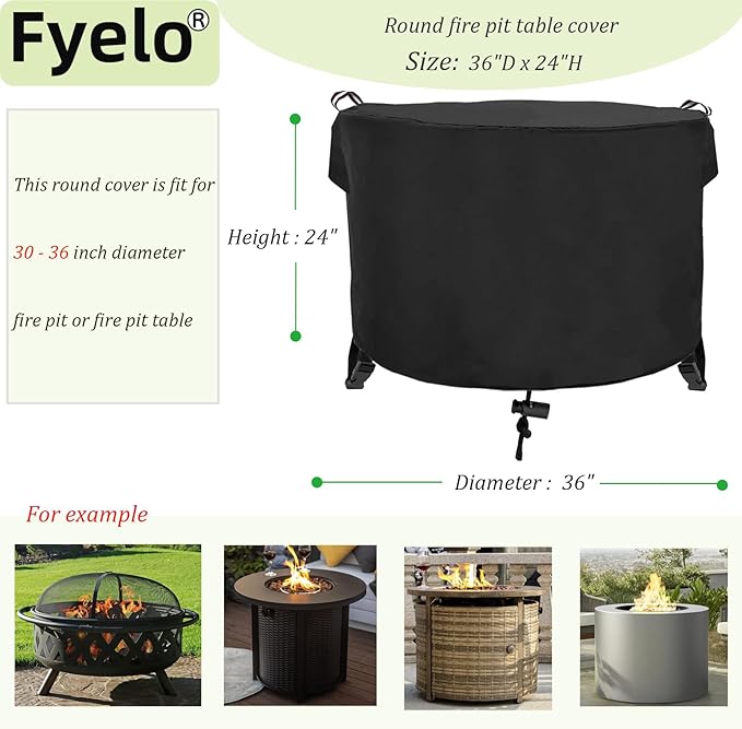 Round Fire Pit Cover 36" Dia X 24" H, 600D Strong Tear Resistant, Waterproof & UV Resistant Outdoor Cover, Fit for 33",34" ,35",36" Round Gas Firepits, Fire tables or Fire bowls, Black