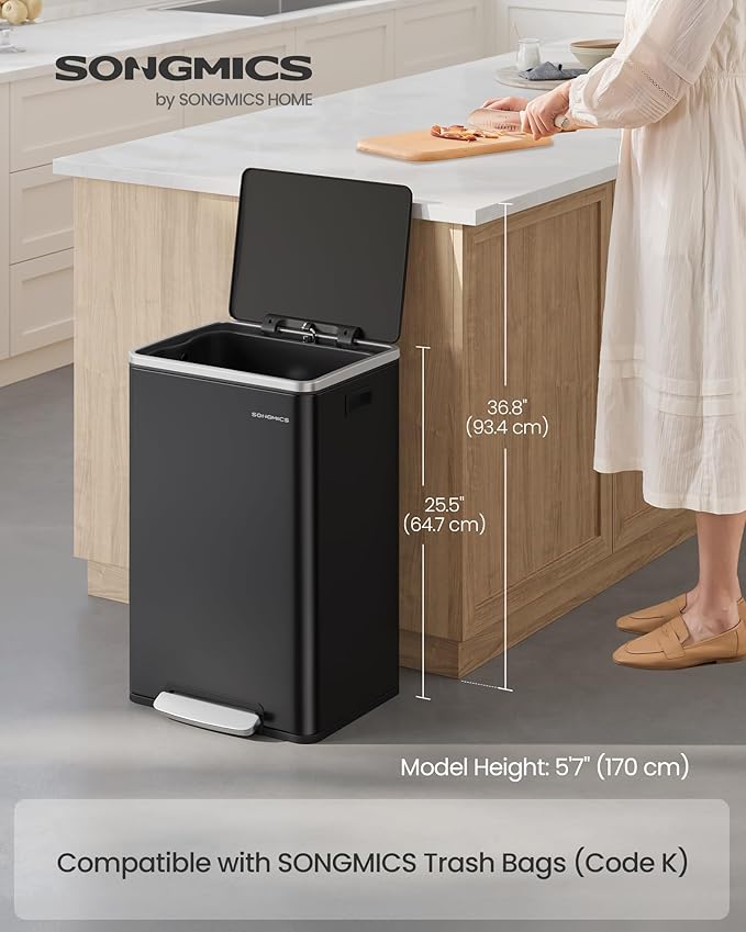 SONGMICS Trash Can, 13-Gallon Gabbage Can, with 15 Trash Bags, Steel, with Soft-Close Lid, Removable Inner Bucket, Handles, Ink Black ULTB595B01V1